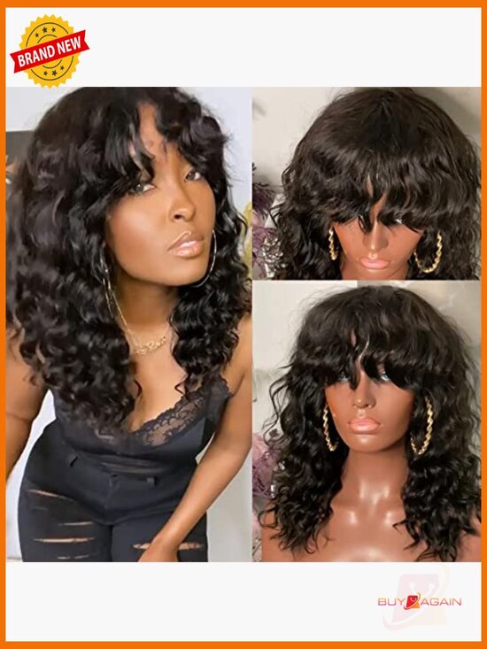 Deep Wave Bang Wig 180 Density Full Machine Made Human Hair Brazilian Hair